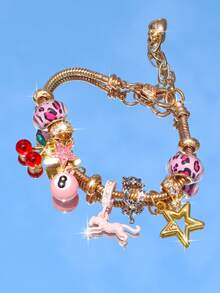 1pc Leopard Print Cherry Star Charm Bracelet, Star Girl Bracelet, Leopard Bracelet, Black Leopard Bracelet, Star DIY Bracelet - Pink - View 16