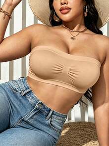 3-Piece Solid Color Strapless Anti-Exposure Bandeau Bra, Wire-Free, Solid Color Ribbed Plus Size Women's Bandeau Bra - Multicolor - View 5