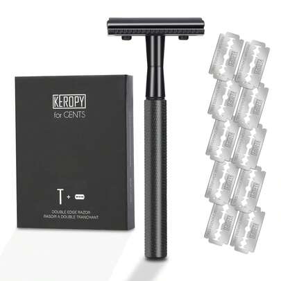 Keropy 1件裝更安全身體除毛刮鬍刀，附10片頂級不鏽鋼刀片，男士用，順滑濕剃體驗，槍黑色