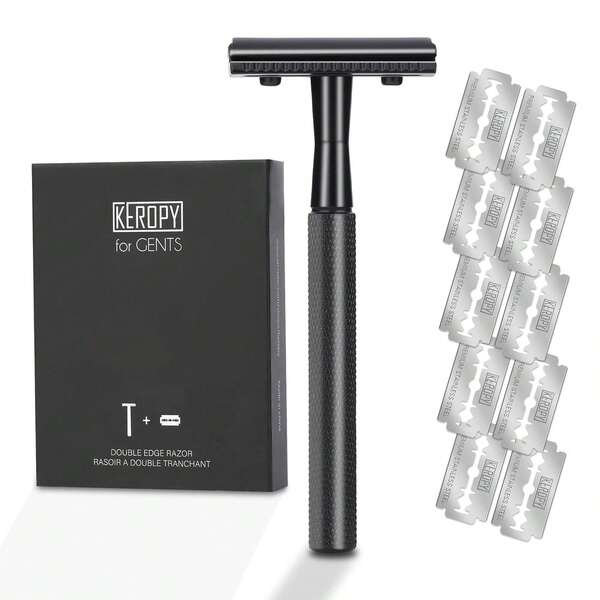 Keropy 1件裝更安全身體除毛刮鬍刀，附10片頂級不鏽鋼刀片，男士用，順滑濕剃體驗，槍黑色