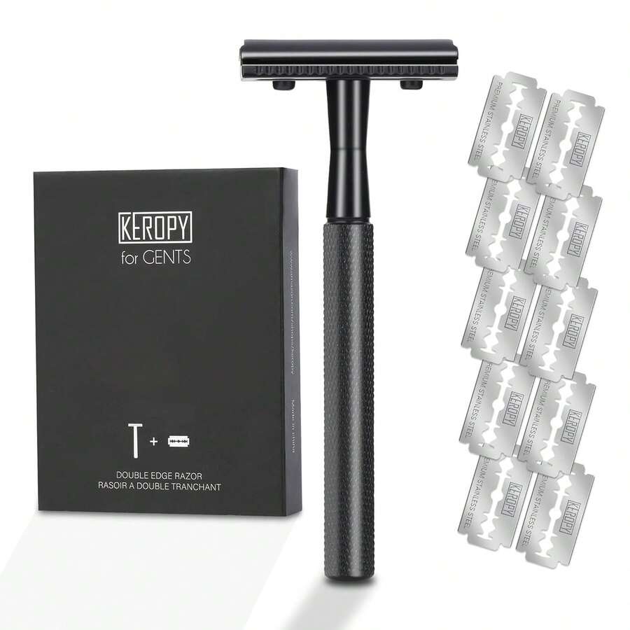 Keropy 1件裝更安全身體除毛刮鬍刀，附10片頂級不鏽鋼刀片，男士用，順滑濕剃體驗，槍黑色 - 彩色 - 查看 1
