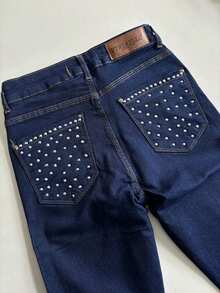 pthirillo Women's Dark Blue Flare Jeans With Butt-Lifting, High Waist And Premium Glitter Rhinestones - 水鑽口袋 前片 後片 - 查看 3