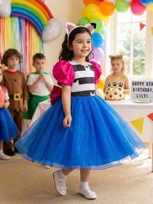 2pcs/Set Toddler Girls' Cat Costume, Includes Dress And Headpiece, Suitable For Children's Halloween Carnival Role Play, Children's Birthday Party Delicate Costume Gift - Blue - View 3