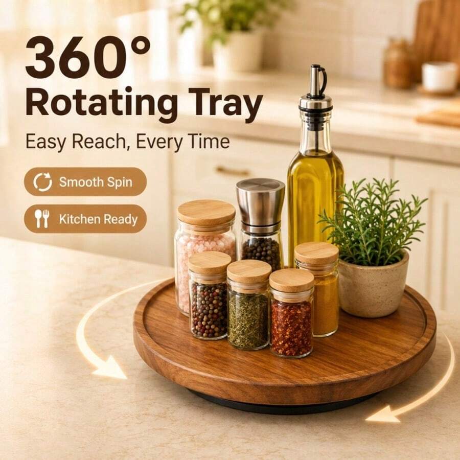 360°可旋轉圓形木製轉盤，多功能香料收納托盤，適用於廚房檯面、櫥櫃與浴室，易於清潔，父親節、喬遷與生日理想禮物