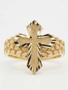 1pc 14K Gold Plated Chunky Cross Ring, Cute Religious Style Ring For Daily Wear - White - View 9