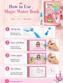 Refillable Water Pen Magic Water Painting Book, Reusable Princess Dream Theme Coloring Book, Paper And Plastic Material, Spiral Binding, Clean Drawing Activity Toy For Kids, Suitable For Travel, Birthday, Holiday Gifts - Multicolor - View 3