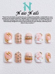 NAIO 10片/組手工穿戴式假指甲，3種尺寸：棺材形/杏仁形/短方型，Y2K優雅風，裸粉色法式美甲搭配3D葉片設計，金色與水鑽裝飾，適合女性與女孩，日常使用與派對，女士美甲禮物首選 - 彩色 - 查看 19
