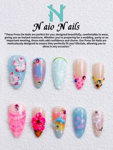 NAIO 10Pcs/Set Handmade Press On Nails, 3 Sizes: Coffin/Almond/Short Square, Y2K Summer Style, Colorful Fruit & Floral Nails With 3D Dolphin & Citrus Design, Rhinestone Accents, Perfect For Women & Girls, Daily Use & Parties, Great Gift For Ladies Nails - Multicolor - View 15