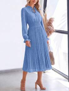 PRETTYGARDEN Women's Spring Fall Midi Dress Casual Long Sleeve V Neck Swiss Dot Pleated A Line Flowy Dresses New Years Party Valentine Vacation Dresses For Women - 淺藍色 - 查看 4