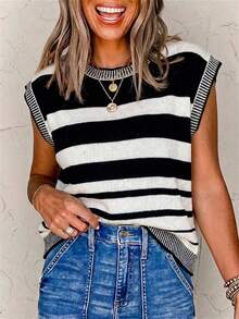 Summer Color Block Striped Knit Top Women's Sleeveless Crewneck Casual Beach Vacation Pullover Sweater - Black - View 3