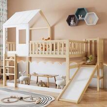 Bunk Bed With Right-Angled Ladder And Slide, House Bed With Roof And Window, With Fall Protection And Railing, Pine Frame, Natural+White (90x200cm) - Natural - 查看 4