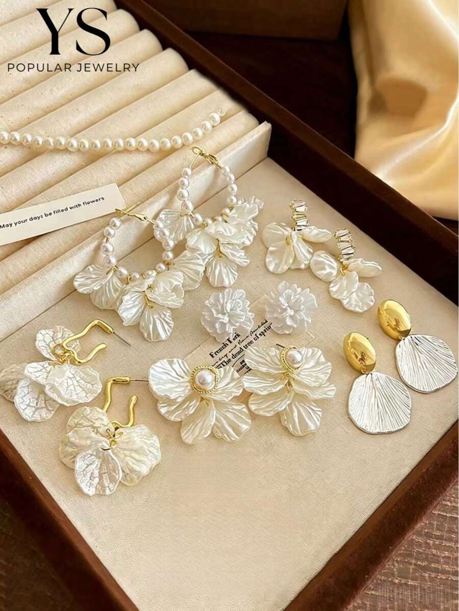 甜美溫柔水鑽花瓣仿珍珠油滴心形耳釘，時尚百搭耳環套組 (12入/6對)，適合日常通勤，禮品珠寶套組