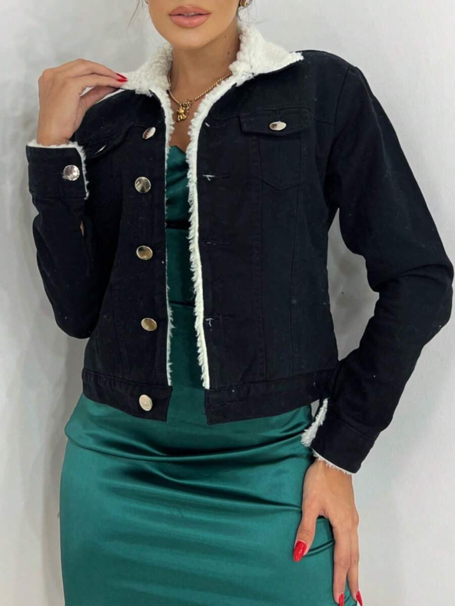 Women's Denim Jacket With Alpaca Lining And Fur Lining. - Preto - View 1