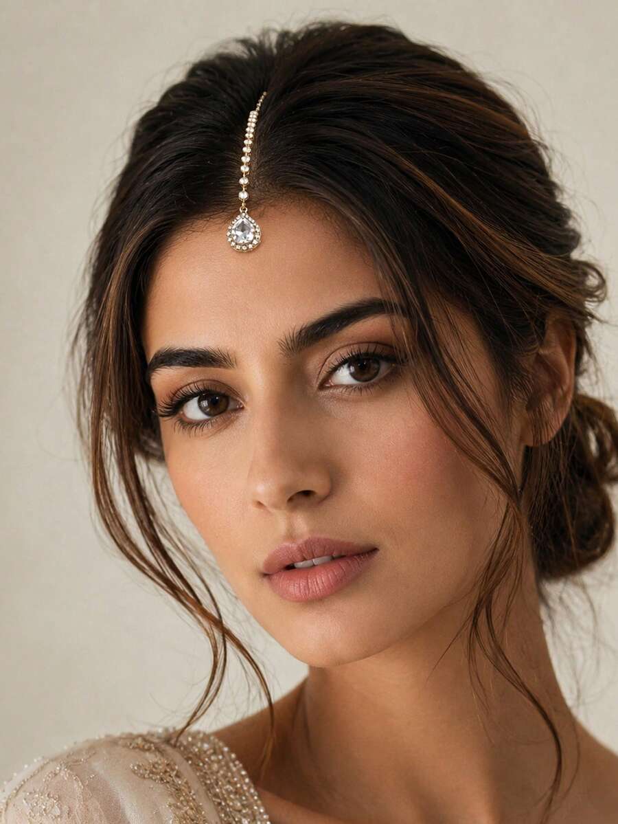 1pc New Pearl Water Drop Traditional Headpiece European & American Fashion Evening Party Forehead Chain Hair Chain - Silver - View 1