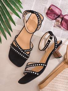 Sandalias de moda casual para citas de mujer talla grande con punta cuadrada y punta abierta de unicolor - Negro - Ver 4