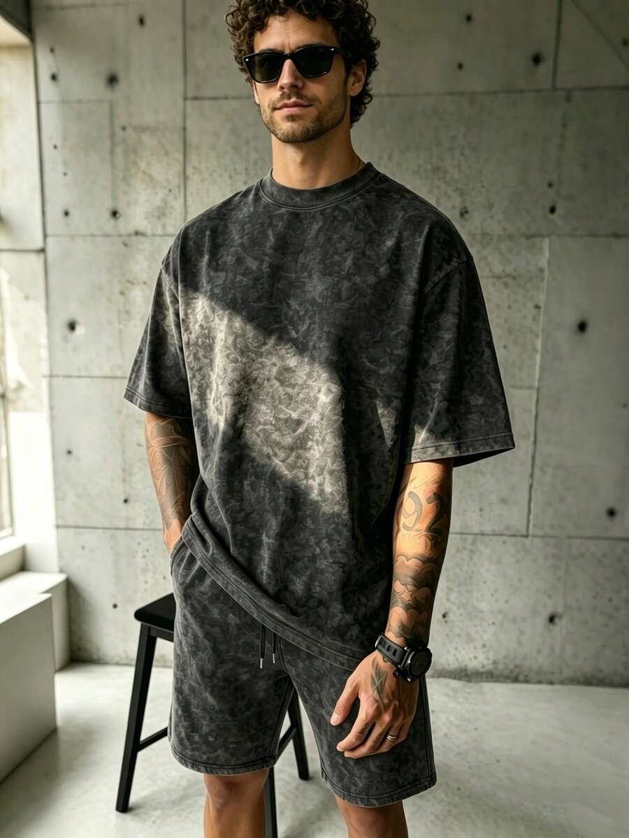 GRDR 男士印花水洗圆领短袖T恤和抽绳短裤休闲套装 - 黑色 - 查看 1