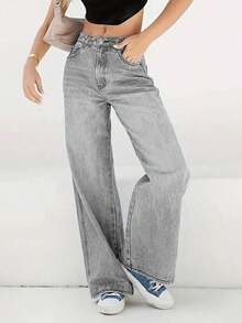 Vintage Washed Denim Wide Leg Pants, Slimming Fit For Women - Light Grey - View 4