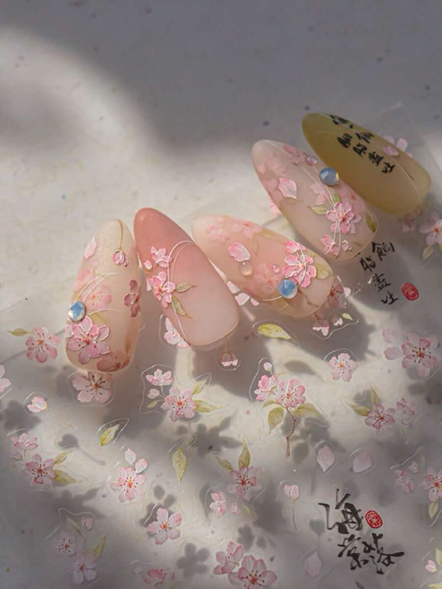 東方淡粉色海棠花 3D 壓紋透明花葉日式書法自黏式美甲貼紙,溫柔秋/夏美甲裝飾,女性禮物,專業沙龍 DIY 美甲用品,美甲沙龍配件,1 片 - 淺粉色 - 查看 1