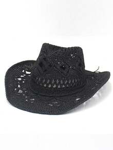 1 pezzo Cappello da sole estivo da donna decorato con zirconia, traforato e traspirante, cappello da cowboy occidentale unisex alla moda e personalizzato, molto venduto, adatto per vacanze al mare e protezione solare quotidiana - cappello a cilindro - Visualizzare 3