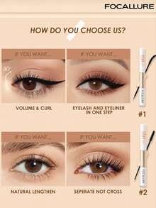 FOCALLURE Mascara et eye-liner liquide 2-en-1 à double extrémité 3,5g+4,5g, mascara volumisant et eye-liner, mascara allongeant et base de cils fibreuse, volume et longueur instantanés, boucles longue tenue toute la journée, imperméable et anti-bavure, maquillage quotidien - #01 VOLUME ET BOUCLES - Voir 6