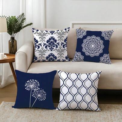 4pcs Vintage Blue Gray Geometric Pattern Dandelion Cushion Covers, Single-Sided Printed Skin-Friendly Peach Skin Fabric, 45*45CM Throw Pillow Covers Suitable For Home Bedroom Living Room Room Party Holiday Decoration, Sofa Decorative Cushion Covers Gift Giving Without Pillow Insert