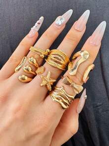 Juego de 7 piezas de anillos de diseño exquisito, de moda, vintage, único y versátil con motivos de concha, lazo y geométricos, joyería para mujer para uso diario, vacaciones, fiestas y regalo - Multicolor - Ver 2