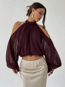 Blusa de satén de manga larga para mujer, color blanco lechoso y champán sólido, diseño de manga abullonada, elegante y sexy para fiestas, oto - Blanco - Ver 6