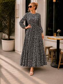 Women's A-Line Floral Maxi Dress with Long Sleeves - 黑色 - 查看 2