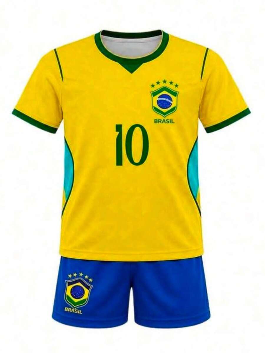 Kids'/Youth's Yellow Shirt And Shorts Set 2026 / 100% Polyester Embroidered Badge With Player Name And Number - Yellow - View 1