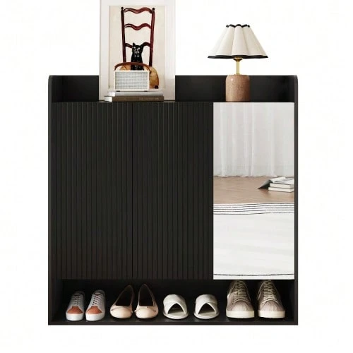 Black Shoe Cabinet With Vertical Stripes, Entryway Shoe Cabinet With Full-Length Mirror, Large Capacity Multi-Tier Shoe Rack - 黑色 - 查看 1