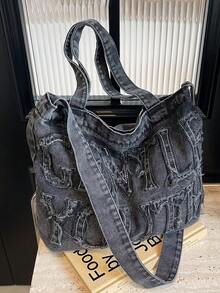 Retro Distressed Denim Tote Bag For Women Large Washed Crossbody Handbag Tassel Top Handle Bags Y2K Shoulder Purse Travel Essential Back To School - 彩色 - 查看 13