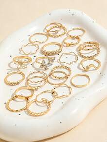 24PCS Minimalist Small Gold-Tone Hoop Rings, Fashion Rhinestone Butterfly & Flower Stackable Rings, INS Style Multi- Stacked Ring Set For Women - Gold - View 5