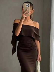 New Fashionable Romantic Elegant Chiffon Shawl Collar Ruched Bodycon Maxi Dress, Solid Color Slimming, Vintage Open Back Party - Brown - View 2