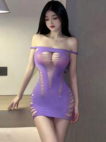 女款性感內衣，網格鏤空透視魚網彈性緊身背心睡衣，歐美風臥室睡裙 - 淡紫色 - 查看 3