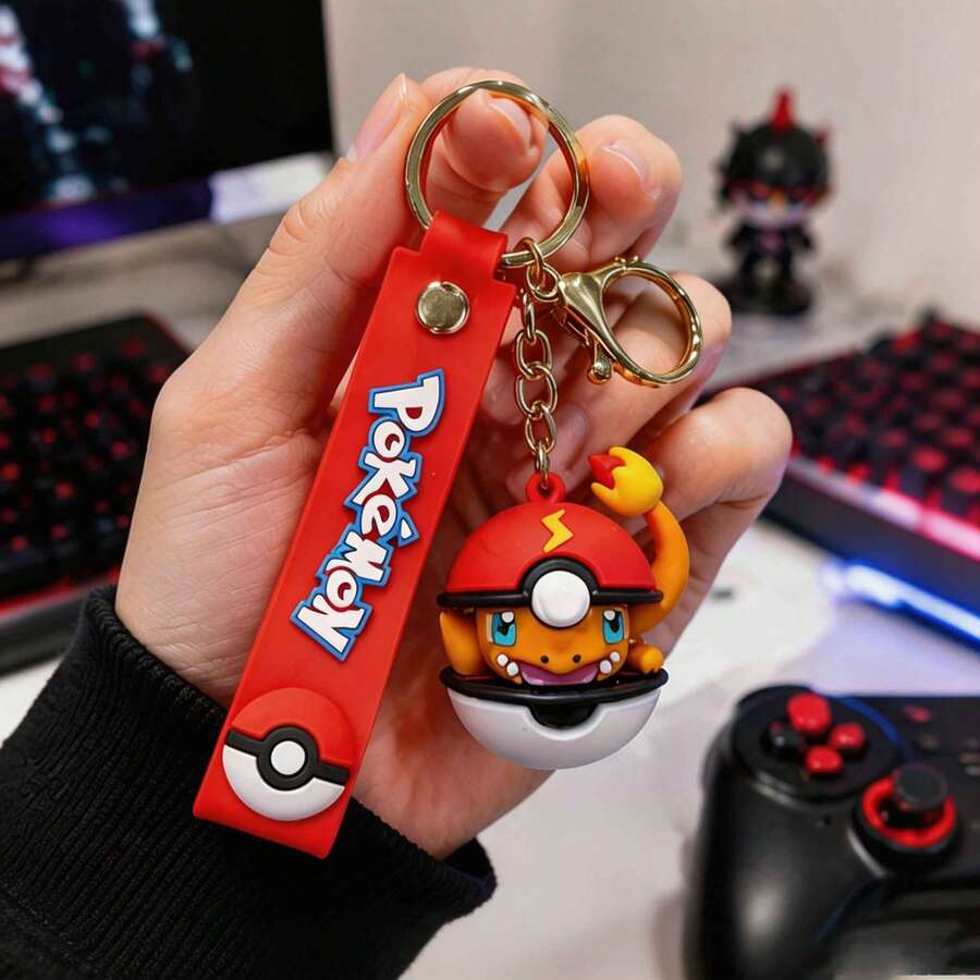MINISO Kawaii Pokémon Charmander Pokeball Keychain Cartoon Silicone Charm Pendant Fit For Earphone Case Backpack Handbag Zipper Aesthetic Key Ring Tech Accessories Streetwear Decor - Orange - View 1
