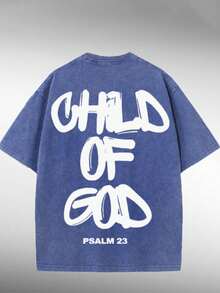 'Son Of God' Print T-Shirts For Men And Women, 100% Washed Cotton, Cotton T-Shirt, Gift Idea, Y2K Clothing, Funny Print T-Shirt For Unisex, Streetwear - 藍色 - 查看 1