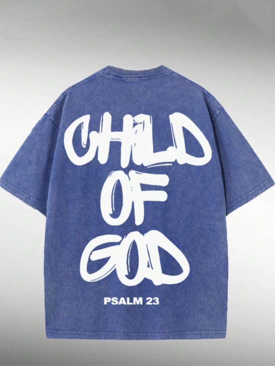 'Son Of God' Print T-Shirts For Men And Women, 100% Washed Cotton, Cotton T-Shirt, Gift Idea, Y2K Clothing, Funny Print T-Shirt For Unisex, Streetwear - 藍色 - 查看 1