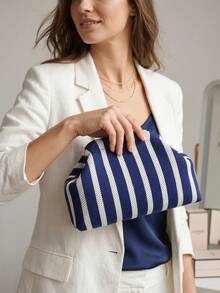 Hollow Blue And White Knitted Striped Clutch, Summer Beach Bag, Purses And Bags For Women, Makeup Bag, Handbag, Holiday Gift - Blue and White - View 5