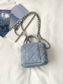 1 buah Tas Tangan Mini Wanita Modis Warna Polos Bordir Motif Berlian Tas Selempang Cocok untuk Tempat Kartu dan Kunci - Biru - View 4