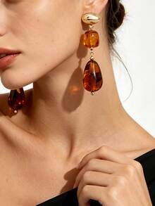 1 Pair Luxury Vacation Style Gold-Plated Faux Amber Resin Square & Teardrop Patchwork Long Dangle Earrings, Niche Elegant Jewelry For Women Beach & Commute - Golden Yellow + Tortoiseshell - View 1