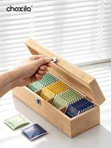choxila 1Pc Wooden Tea Bag Storage Box, Compartment Desktop Sundries Organizer Flip Cover Storage Rack For Office Coffee Tea Storage - Wooden Tea Bag Storage Box - View 4
