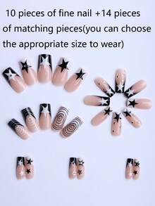 24-Piece Acrylic Manicure With Millennial Style, Rhinestones, Black And White Star Swirls, French Manicure, Removable And Reusable, Suitable For Everyday Wear, Dates, Parties, Music Festivals. A Perfect Summer Gift For Your Best Friend. False Nails. - Multicolor - View 4