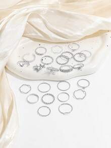 24PCS Minimalist Small Silver Tone Ring Set, Fashion Rhinestone Butterfly & Flower Stackable Rings, Ins Style Multi- Layered Ring Set For Women - Silver - View 2