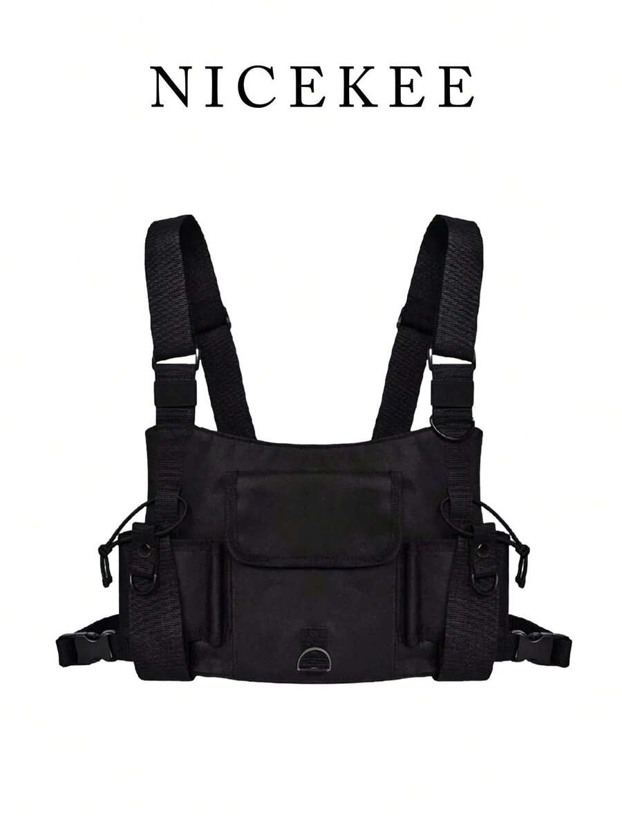 Classic Multifunctional Chest Bag, Personalized Unisex Hip-Hop Street Tactical Multi-Pocket Adjustable Shoulder Strap Utility Casual Vest Backpack, Cool Reflective Vest Chest Bag Suitable For Outdoor Climbing, Hiking, Cycling - Black - View 1