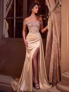 ADYCE Vestido de gala elegante con diseño de hombros descubiertos, aplique hecho a mano exquisito, cintura alta con abertura, cinturón de satén, espalda descubierta, largo hasta el suelo, vestido de graduación, baile de bienvenida, vestido de invitada de boda - Albaricoque - Ver 7