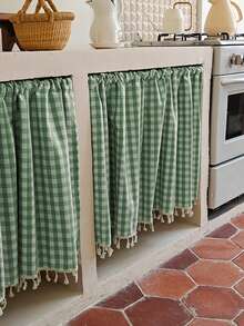 1PC American Country Style Green & White Plaid Half Curtain, Cabinet Curtain, Room Divider, Small Window Decor, Lightweight Translucent Non-Transparent, Suitable For Living Room, Balcony, Bay Window, Door & Window Home Decoration - Green - View 3