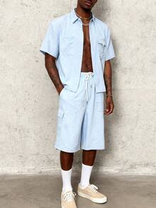 Men's Casual Summer Light Blue Utility Shirt AndBermuda Shorts Set, Fresh Outfit - Baby Blue - View 5