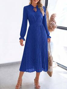 PRETTYGARDEN Women's Spring Fall Midi Dress Casual Long Sleeve V Neck Swiss Dot Pleated A Line Flowy Dresses New Years Party Valentine Vacation Dresses For Women - 藍色 - 查看 5