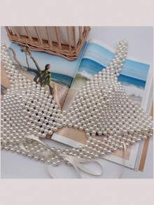 DEKUNER Pearl Beaded Bra For Women, Wearable Bra Top, Vacation Beach Body Jewelry - White - View 6