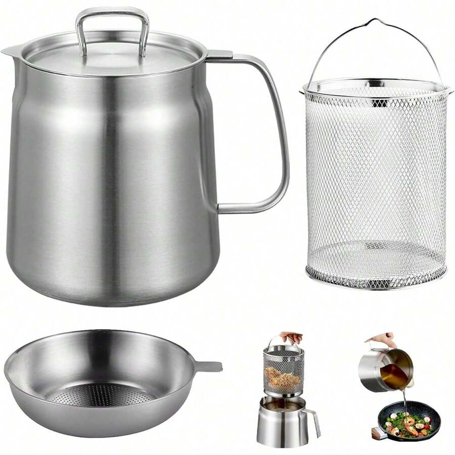 2L 304 Stainless Steel Fryer Pot With Mesh Basket & Lid, Multifunctional Oil Strainer Storage Container - Silver - View 1